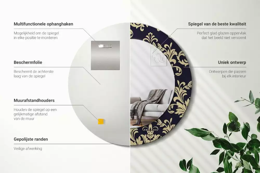 Ronde spiegel met bedrukte lijst Bloemenpatroon