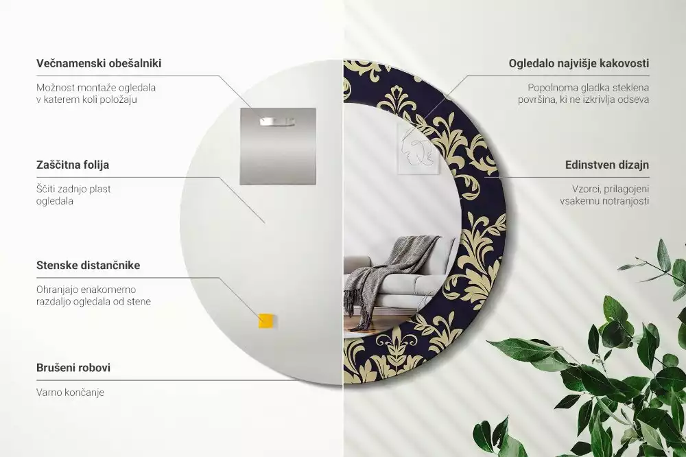 Ronde spiegel met bedrukte lijst Bloemenpatroon