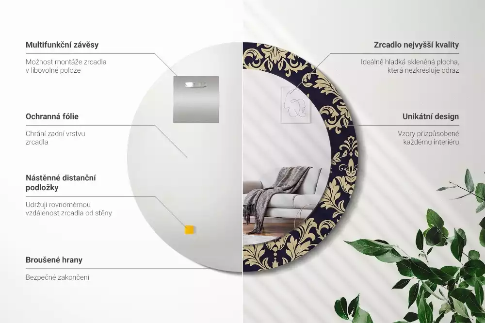 Ronde spiegel met bedrukte lijst Bloemenpatroon