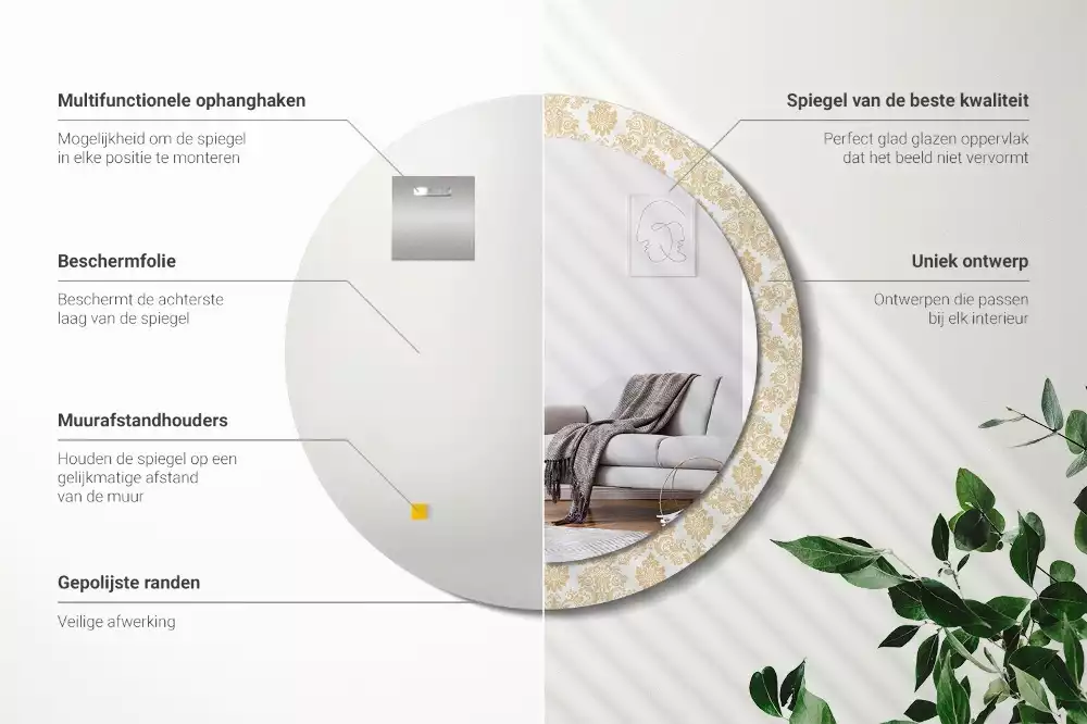 Ronde spiegel met bedrukte lijst Barok patroon