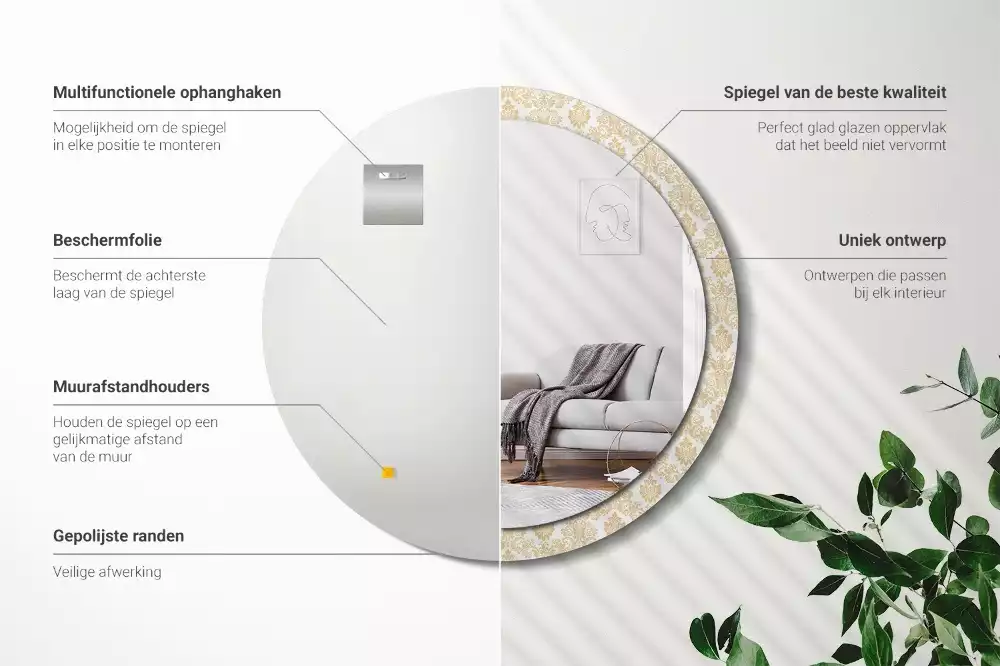 Ronde spiegel met bedrukte lijst Barok patroon