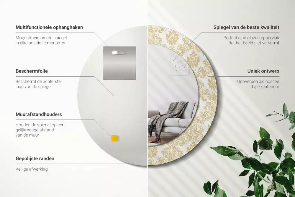 Ronde spiegel met bedrukte lijst Barok patroon