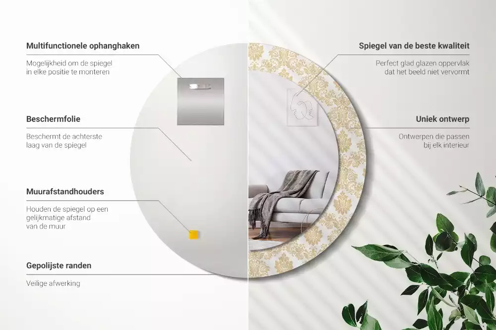 Ronde spiegel met bedrukte lijst Barok patroon