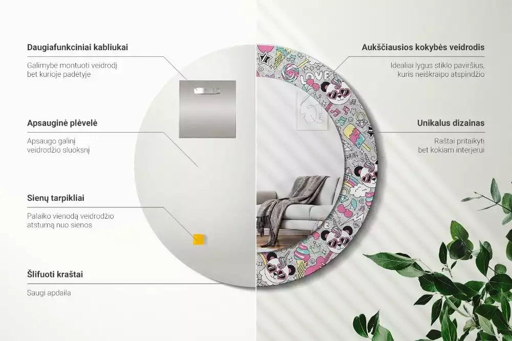 Ronde spiegel met bedrukte lijst Panda eenhoorn