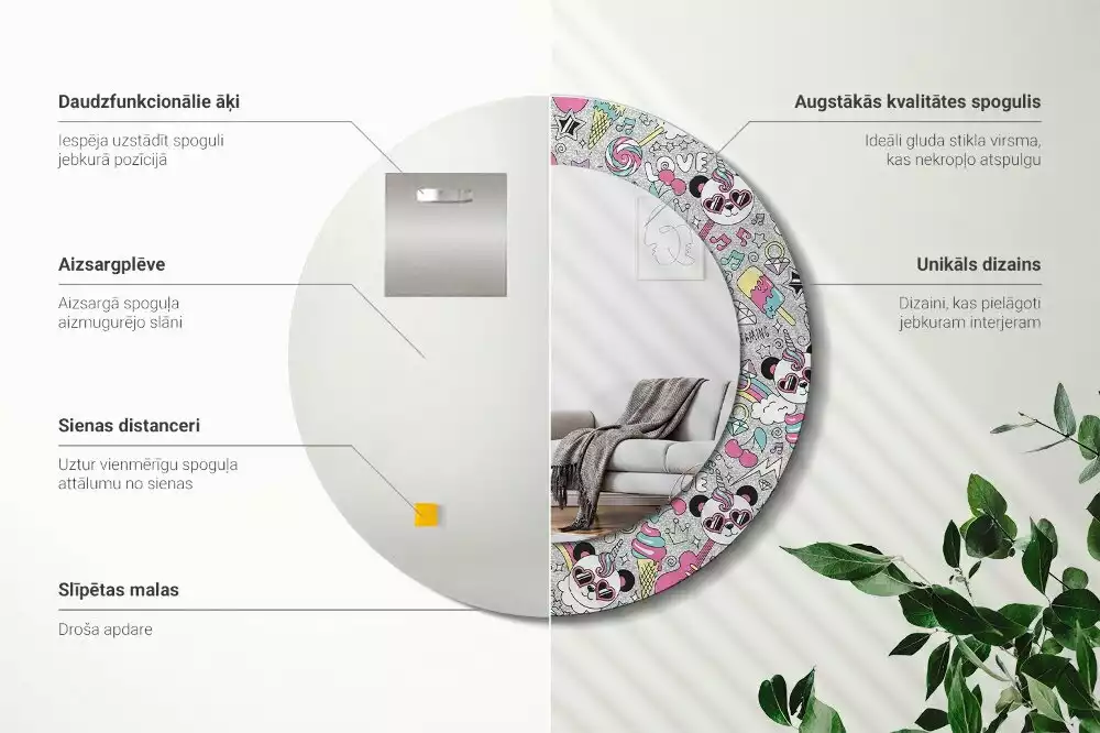 Ronde spiegel met bedrukte lijst Panda eenhoorn