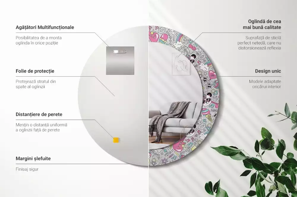 Ronde spiegel met bedrukte lijst Panda eenhoorn