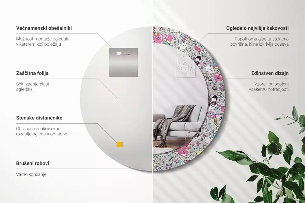 Ronde spiegel met bedrukte lijst Panda eenhoorn