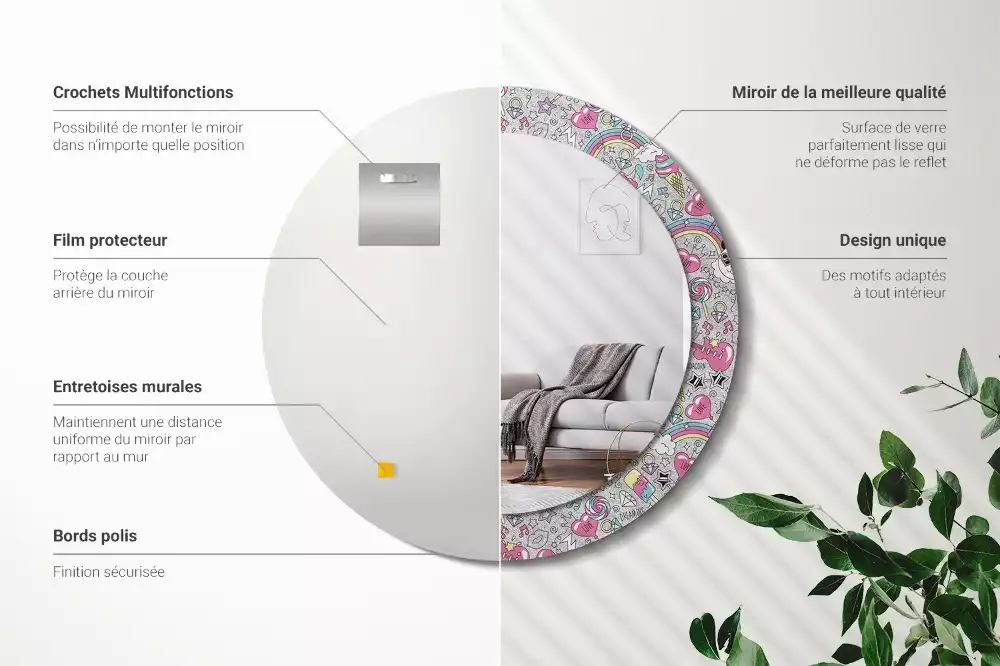 Ronde spiegel met bedrukte lijst Panda eenhoorn