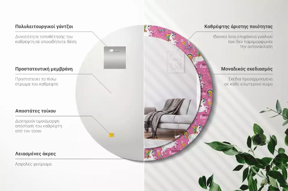 Ronde spiegel met bedrukte lijst Magische Eenhoorn