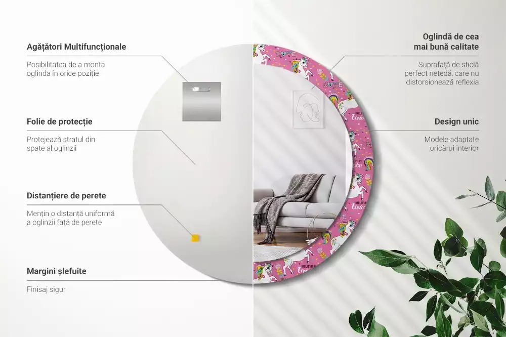 Ronde spiegel met bedrukte lijst Magische Eenhoorn