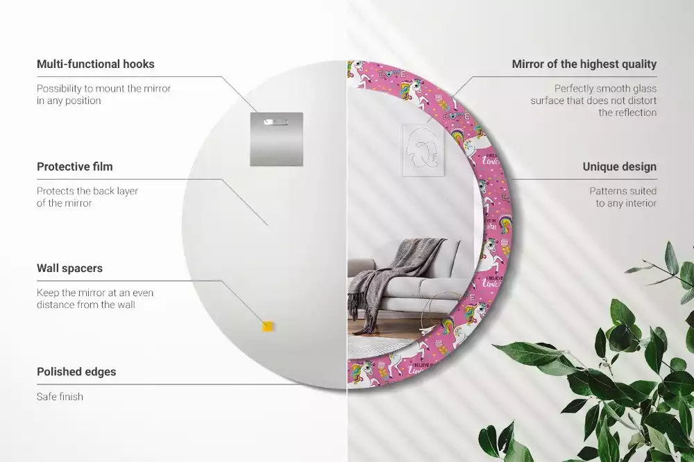 Ronde spiegel met bedrukte lijst Magische Eenhoorn