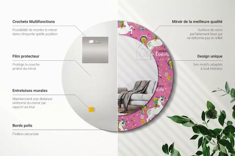 Ronde spiegel met bedrukte lijst Magische Eenhoorn