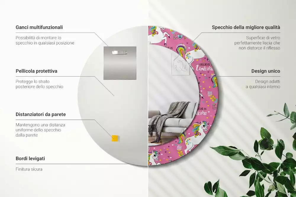 Ronde spiegel met bedrukte lijst Magische Eenhoorn