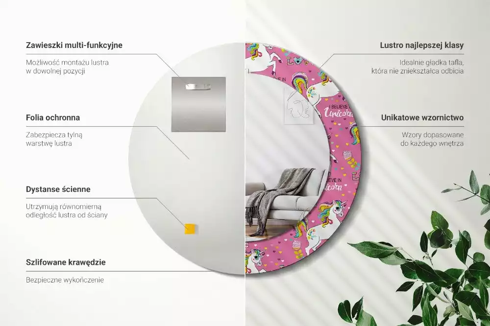 Ronde spiegel met bedrukte lijst Magische Eenhoorn