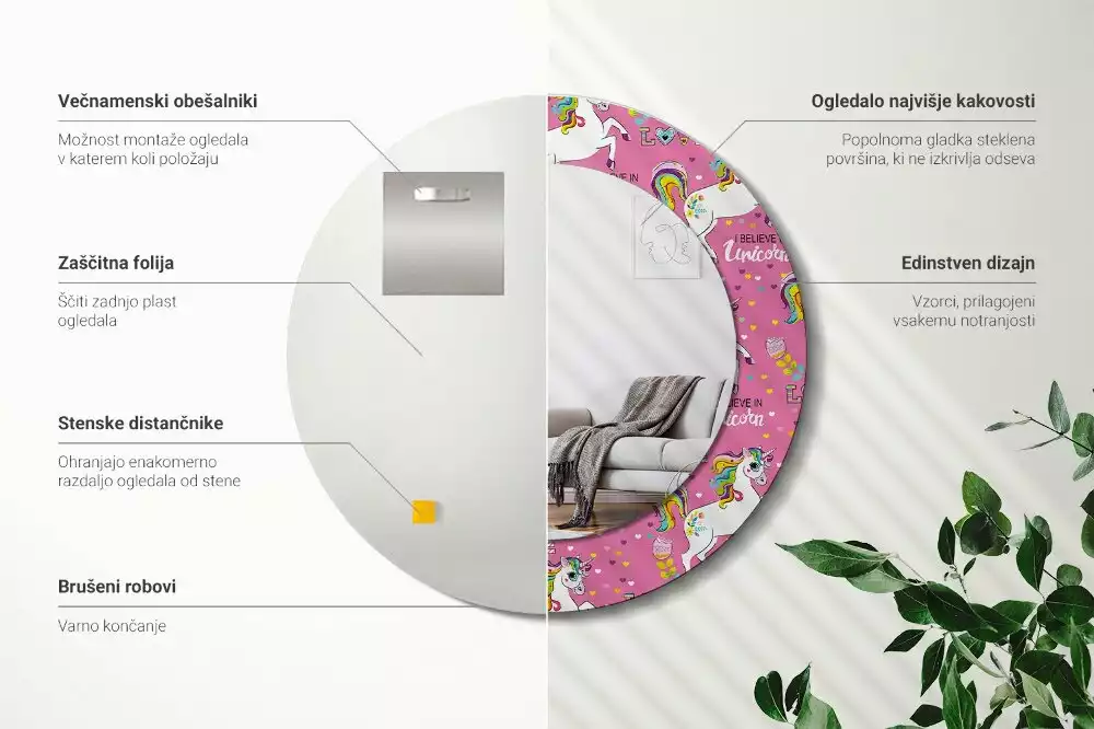 Ronde spiegel met bedrukte lijst Magische Eenhoorn