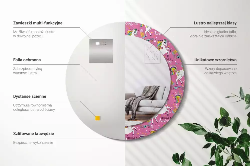 Ronde spiegel met bedrukte lijst Magische Eenhoorn