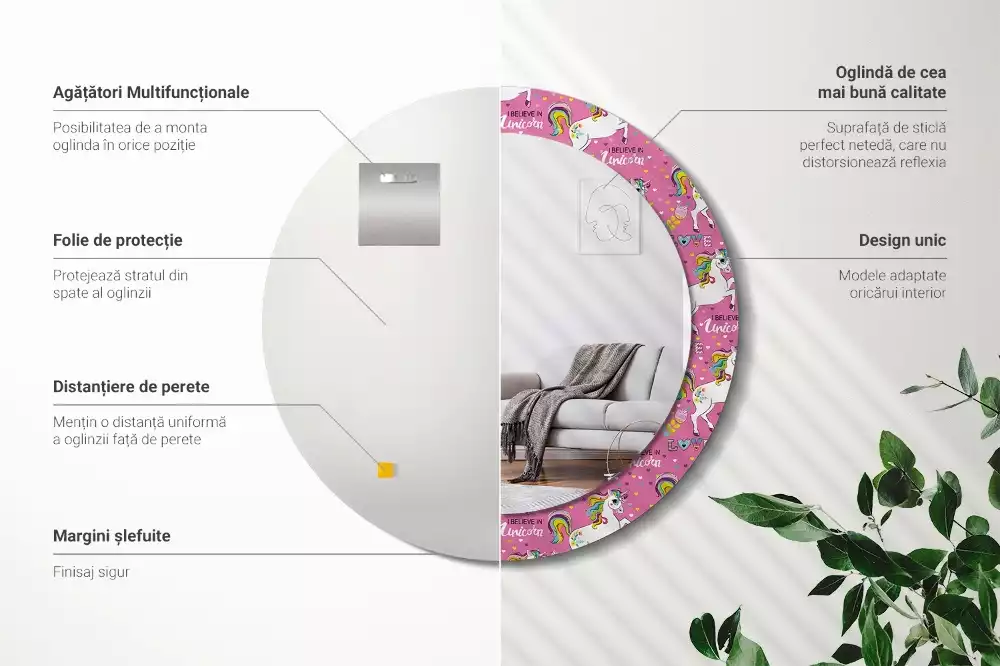 Ronde spiegel met bedrukte lijst Magische Eenhoorn