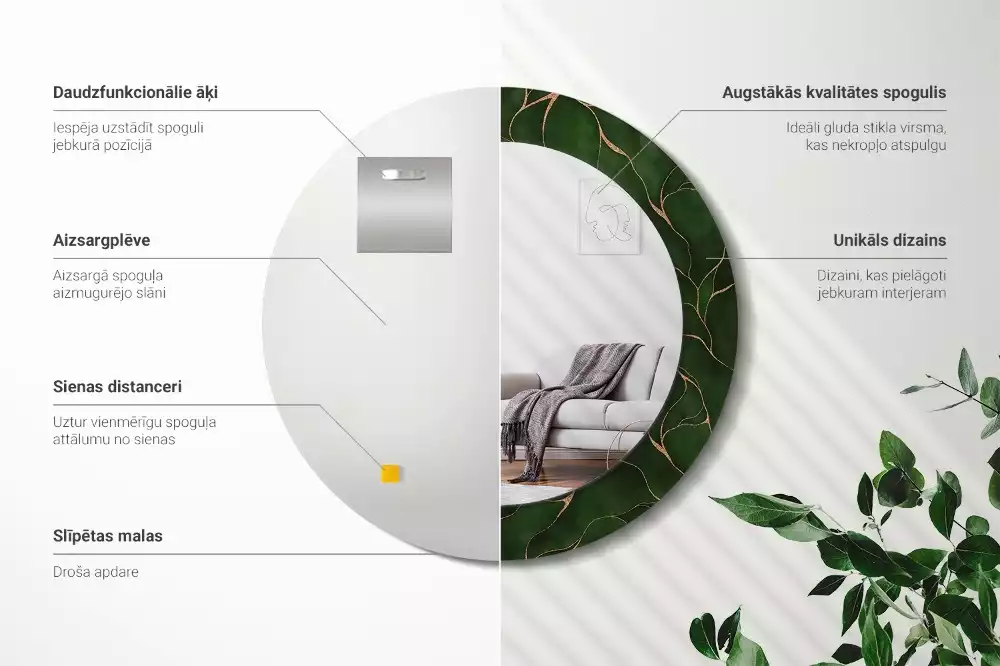 Ronde spiegel met bedrukte lijst Abstract blad