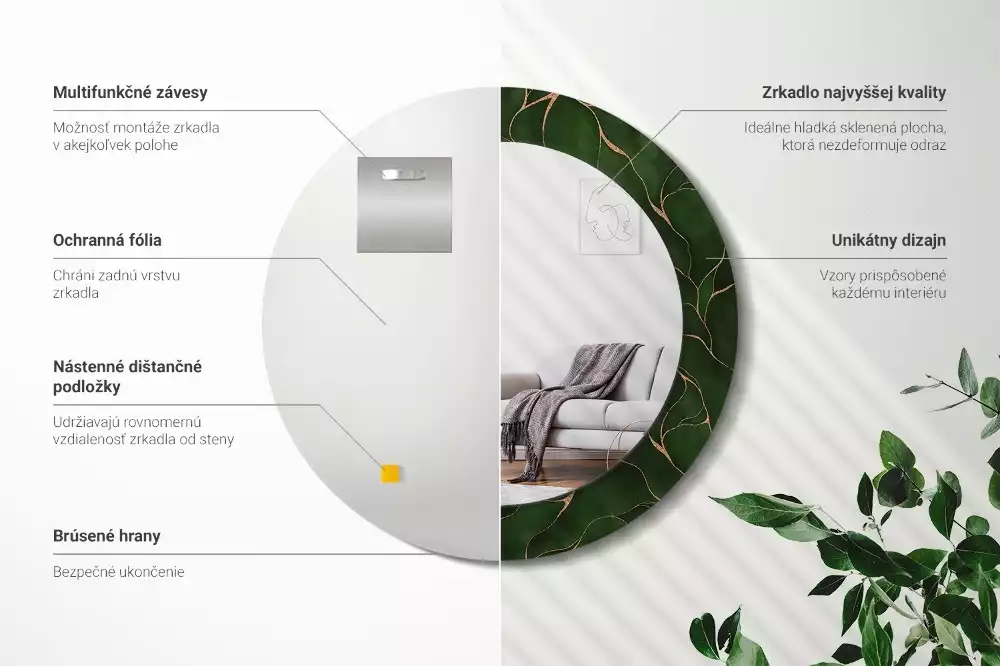 Ronde spiegel met bedrukte lijst Abstract blad