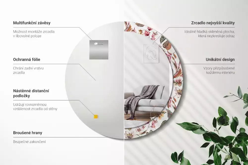 Ronde spiegel met bedrukte lijst Vintage bloemen