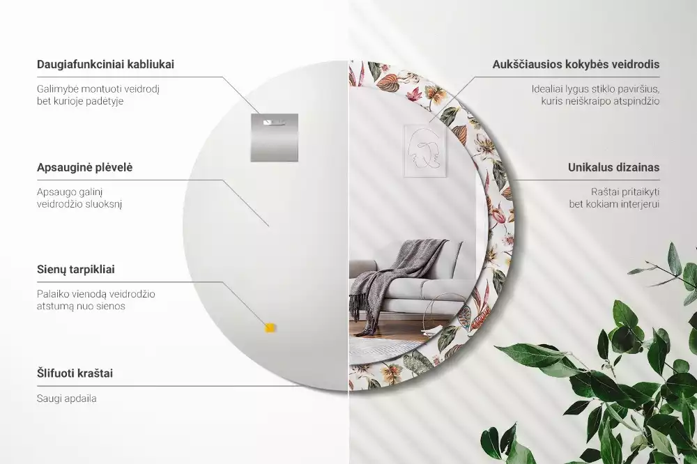 Ronde spiegel met bedrukte lijst Vintage bloemen