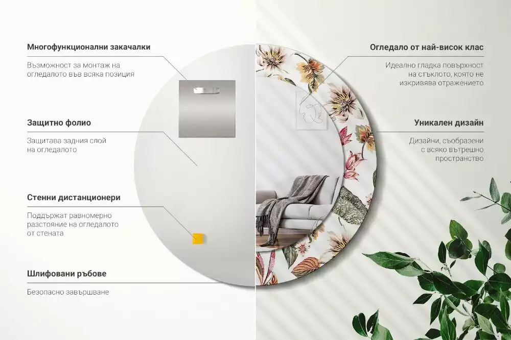 Ronde spiegel met bedrukte lijst Vintage bloemen
