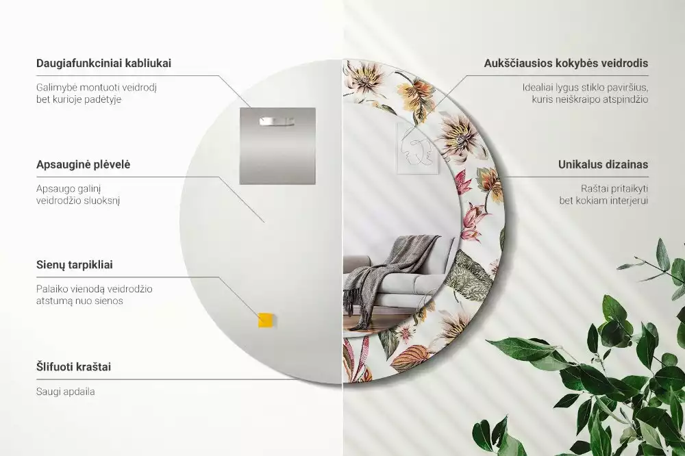 Ronde spiegel met bedrukte lijst Vintage bloemen