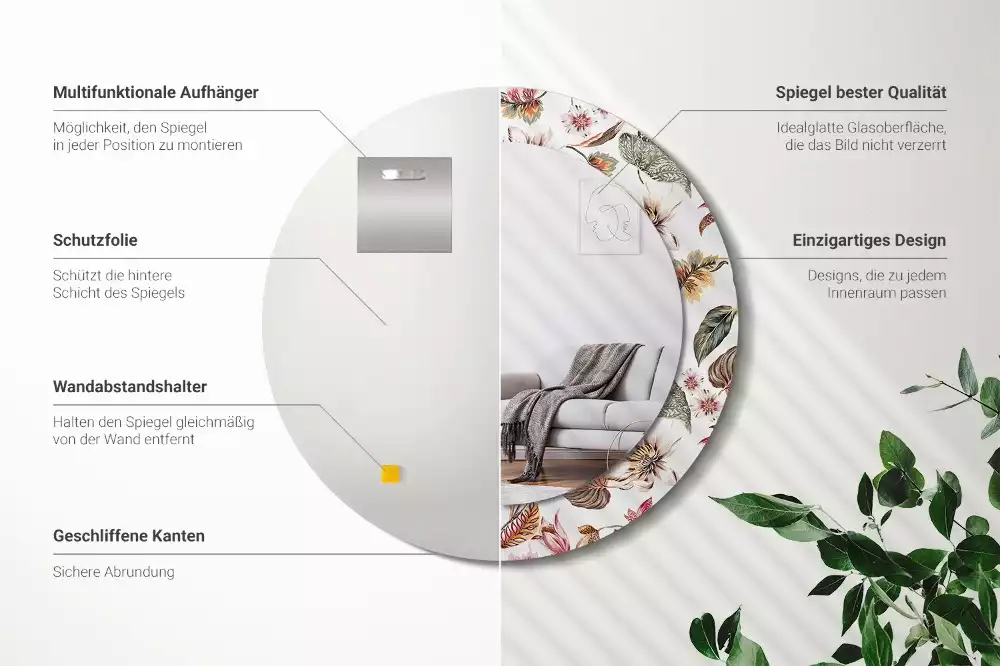 Ronde spiegel met bedrukte lijst Vintage bloemen
