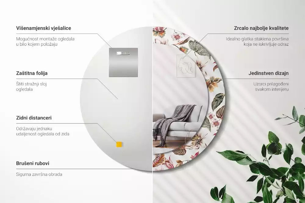Ronde spiegel met bedrukte lijst Vintage bloemen