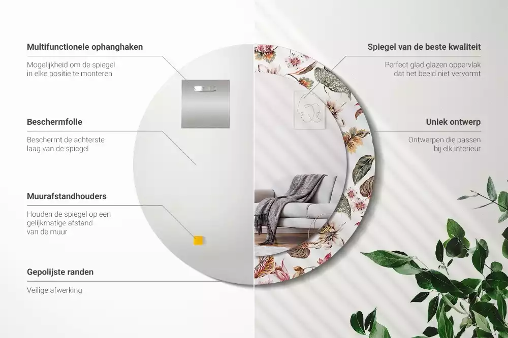 Ronde spiegel met bedrukte lijst Vintage bloemen