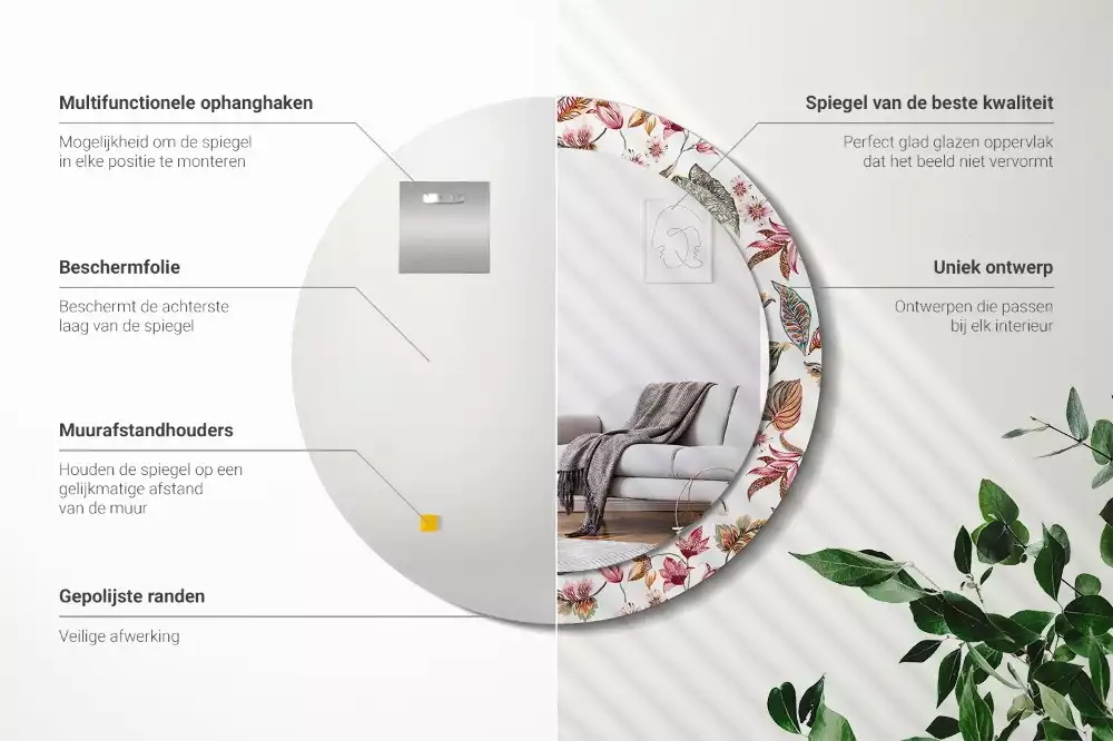 Ronde spiegel met bedrukte lijst Vintage bloemen