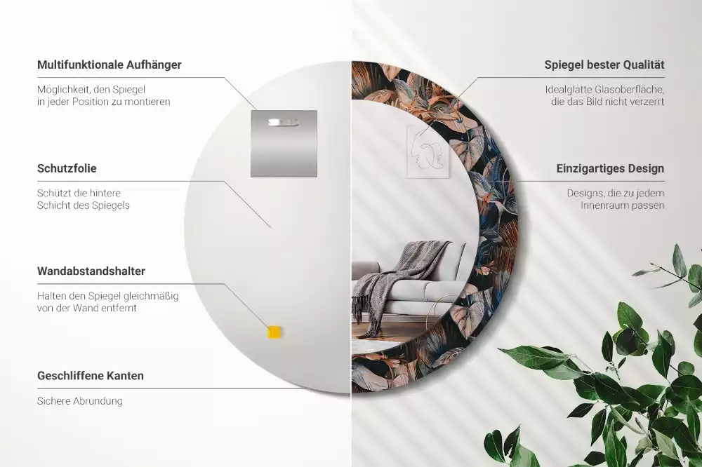 Ronde spiegel met decoratie Donkere tropische bladeren