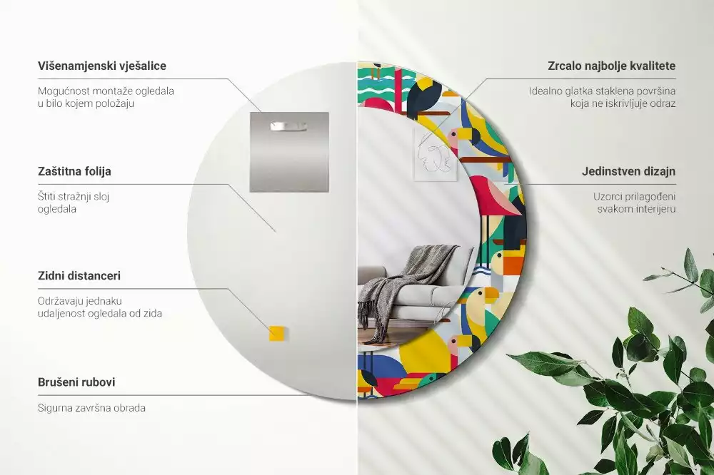 Ronde spiegel met decoratie Geometrische tropische vogels
