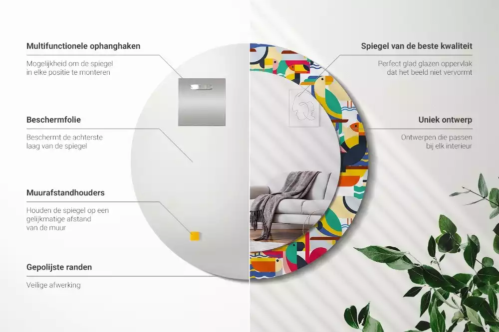 Ronde spiegel met decoratie Geometrische tropische vogels