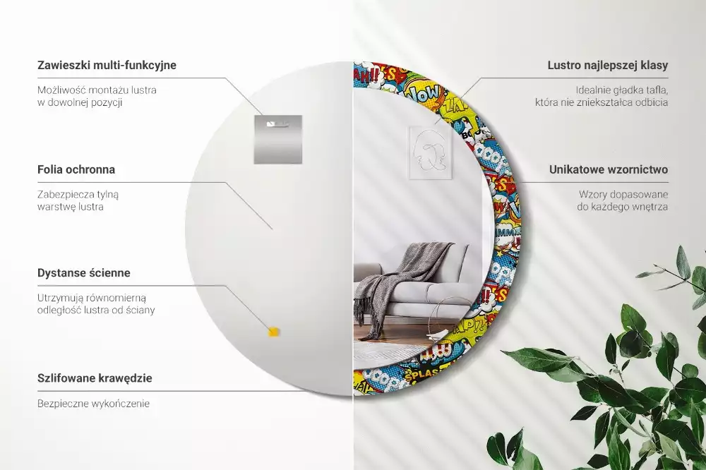 Ronde spiegel met bedrukte lijst Patroon in stripboekstijl