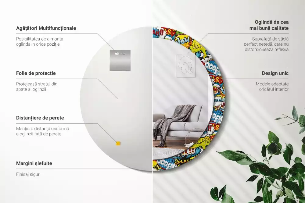 Ronde spiegel met bedrukte lijst Patroon in stripboekstijl