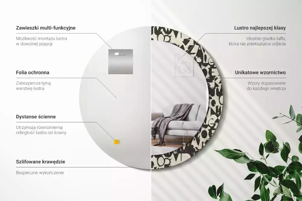 Ronde spiegel met bedrukte lijst Brieven