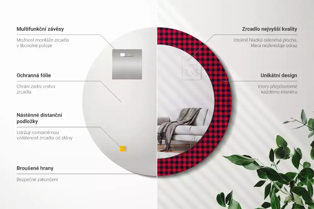 Ronde spiegel met decoratie Rood geblokt