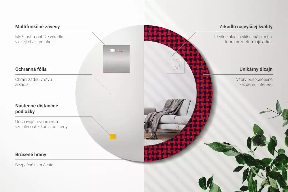 Ronde spiegel met decoratie Rood geblokt