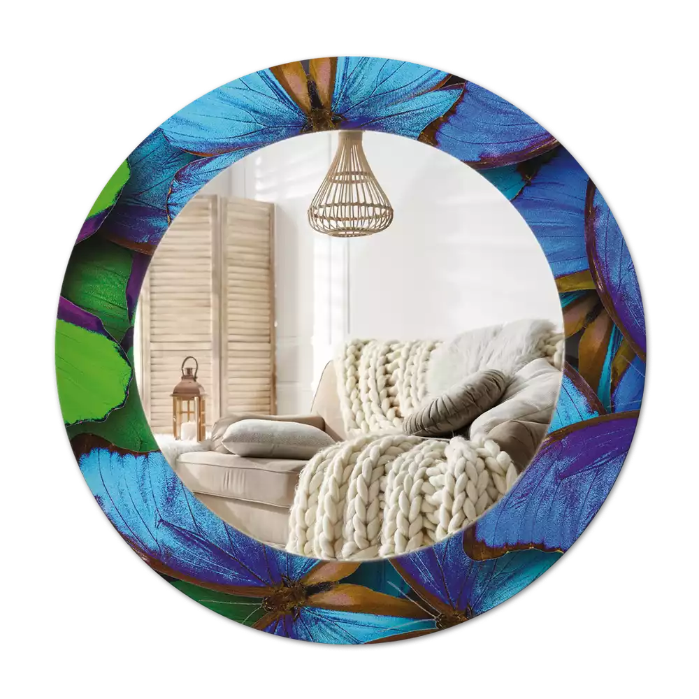 Ronde spiegel met decoratie Blauwe en groene vlinder