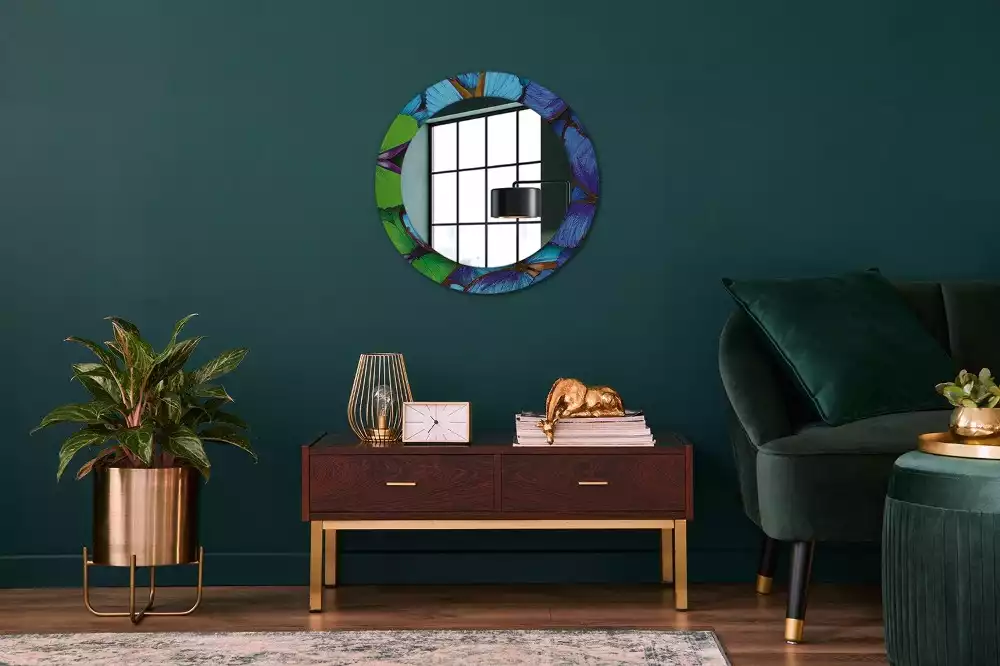 Ronde spiegel met decoratie Blauwe en groene vlinder