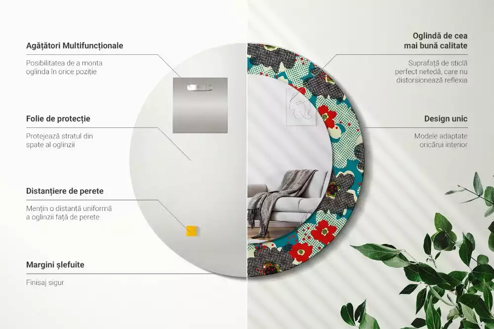 Ronde spiegel met bedrukte lijst Retro bloemenpatroon