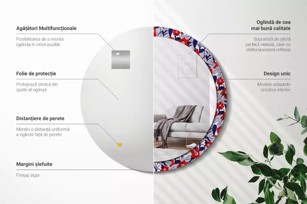 Ronde spiegel met decoratie Philodendrons