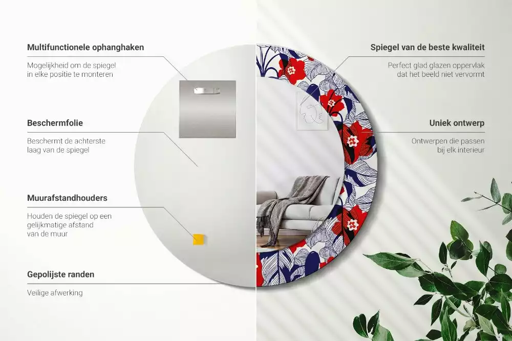 Ronde spiegel met decoratie Philodendrons