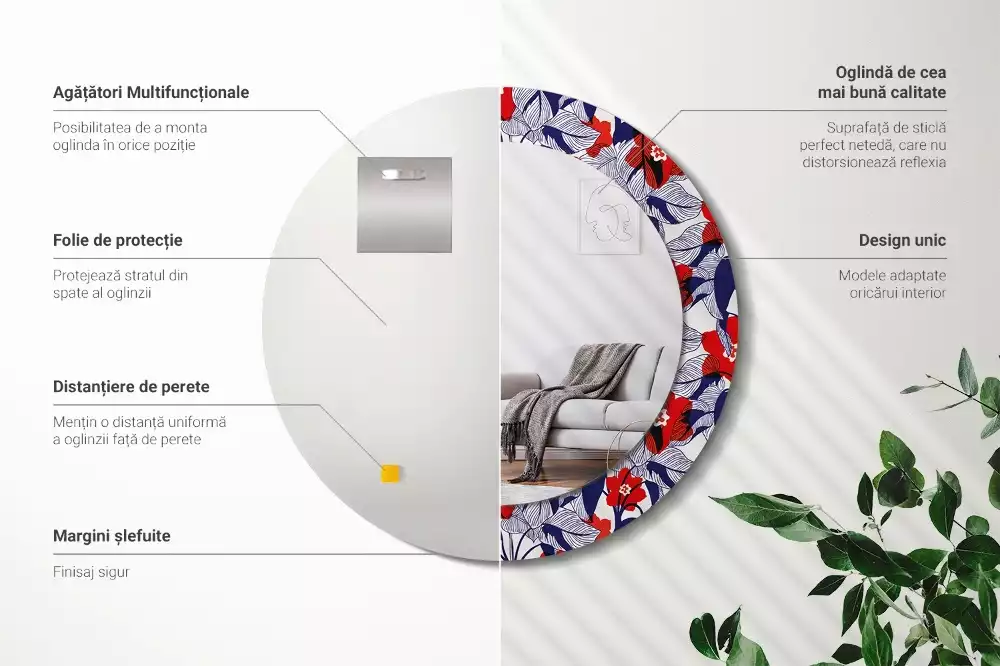 Ronde spiegel met decoratie Philodendrons