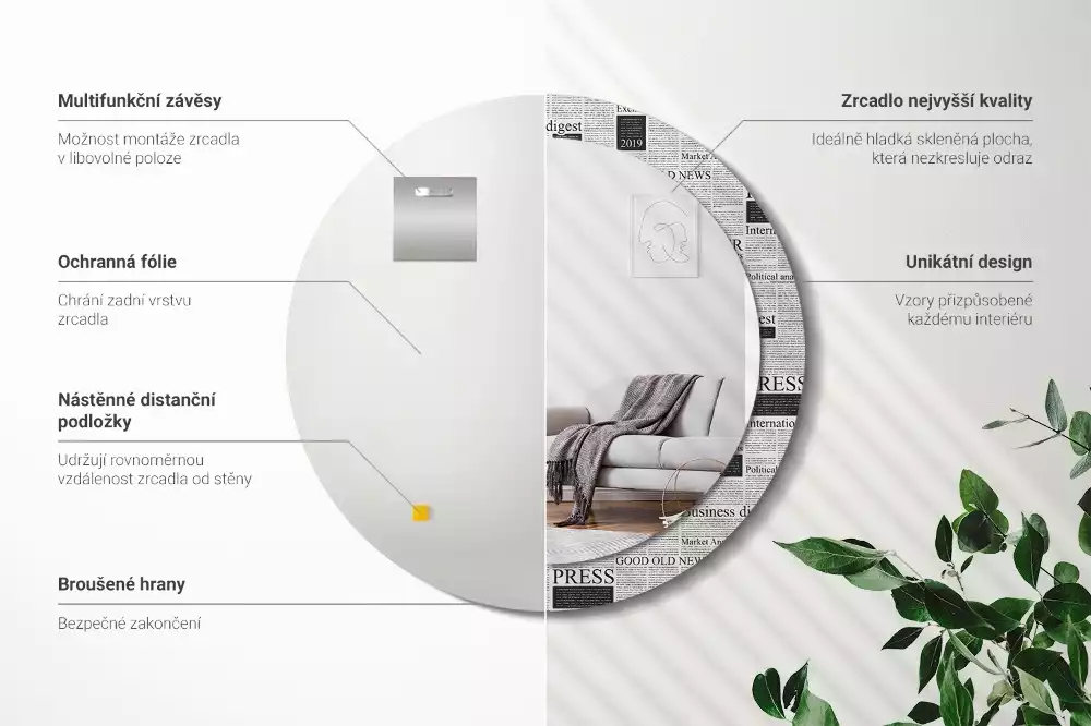 Ronde spiegel met bedrukte lijst Kranten