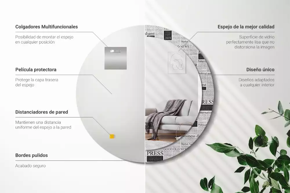 Ronde spiegel met bedrukte lijst Kranten