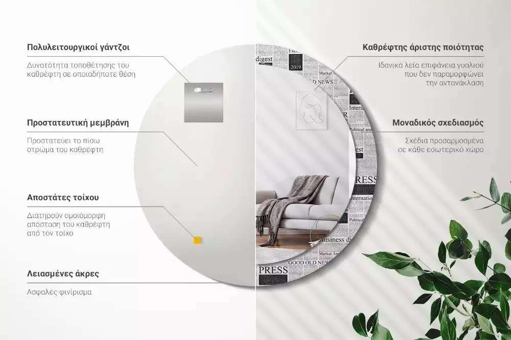 Ronde spiegel met bedrukte lijst Kranten