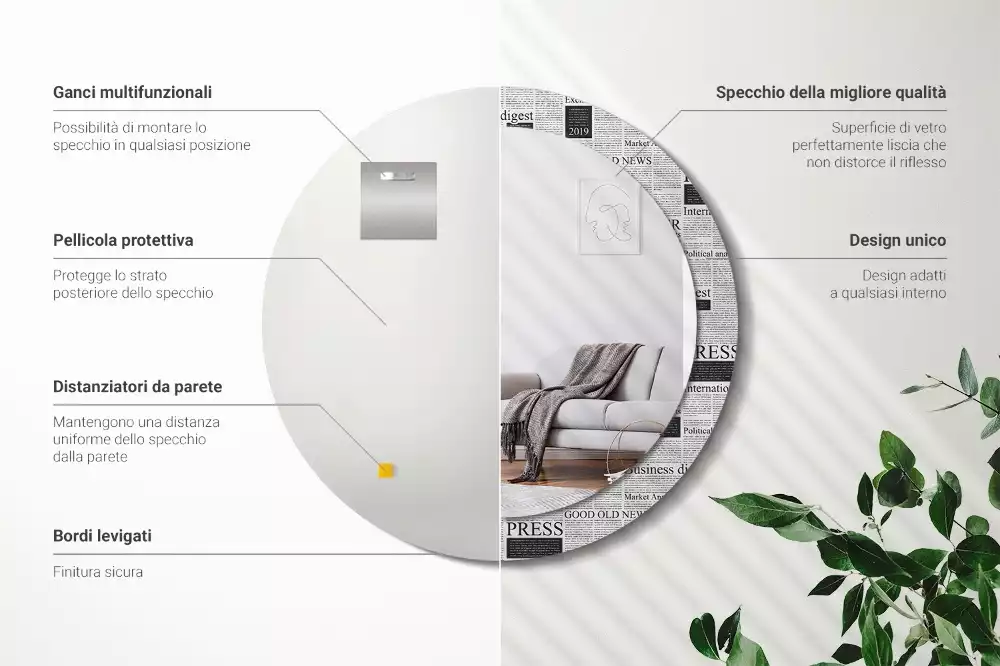 Ronde spiegel met bedrukte lijst Kranten