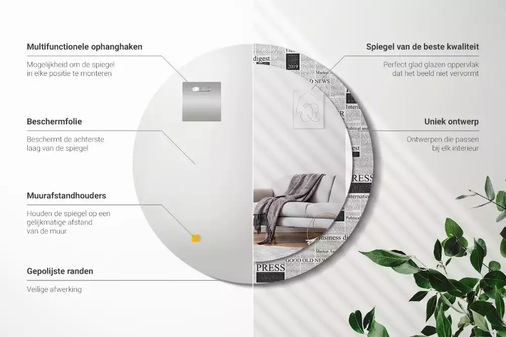 Ronde spiegel met bedrukte lijst Kranten